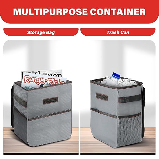 HealSmart 2 Gallon Car Trash Can Lid and Storage Pockets, Leak-Proof Collapsible and Portable Organizer, Multipurpose Garbage Bin with Adjustable Straps, Grey (Pack of 2)