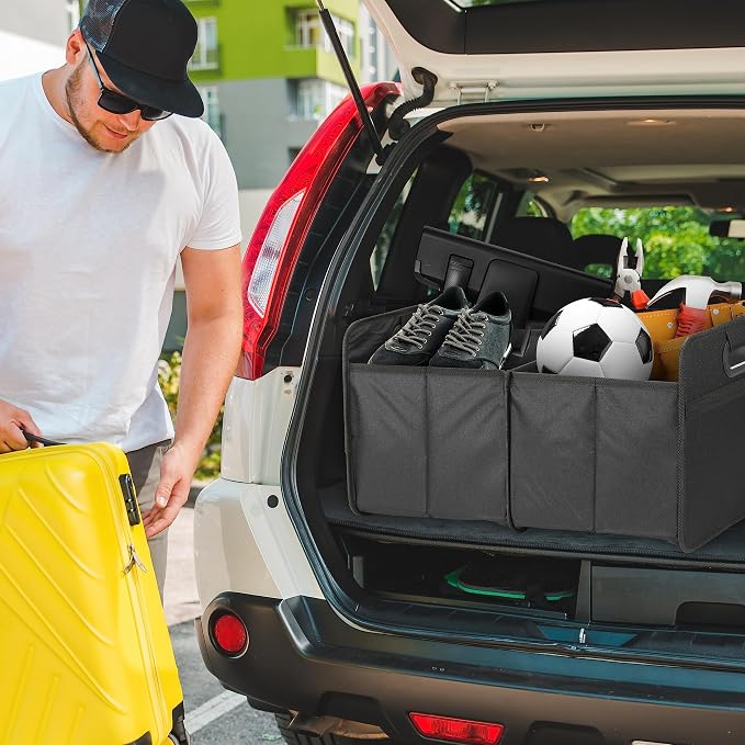 Simple Deluxe Car Trunk Organizer, 2 Compartments Collapsible Trunk Storage, Anti-slip Design, Made of Waterproof 600D Oxford Polyester, Suitable for SUV, Minivan, Truck, Standard Size, Black New