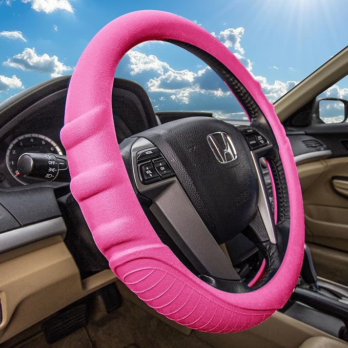 FH Group Universal Fit Silicone with Grip and Pattern Massaging Grip Steering Wheel Cover fits most Cars, SUVs, Trucks, and Vans Baby Pink