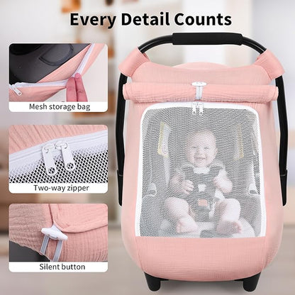Rquite Car Seat Cover Baby, Carseat Covers Girl Boy, Breathable Muslin Cotton, Large Mesh Window, Infant Car Seat Canopy Baby Carrier Cover Stroller Sun Shade for Summer & Hot Day, Pink