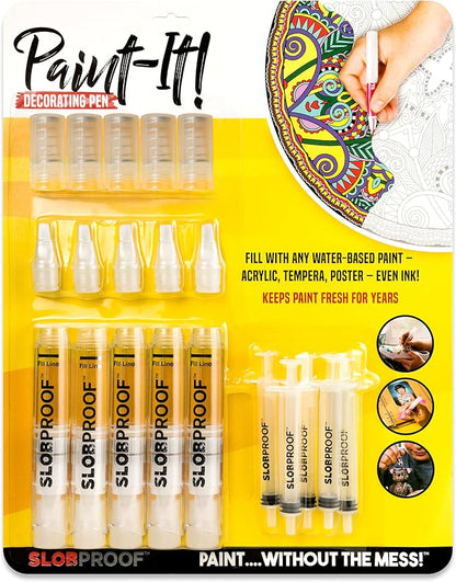 Slobproof Paint It! Decorating Pen, Refillable Paint Pens, Fine Tip, Home, Hobbies, Crafting, Scrapbooking, Fills with Chalk, Glitter, & Metallic Paints, Works on Wood, Fabric, Metal, Pack of 5
