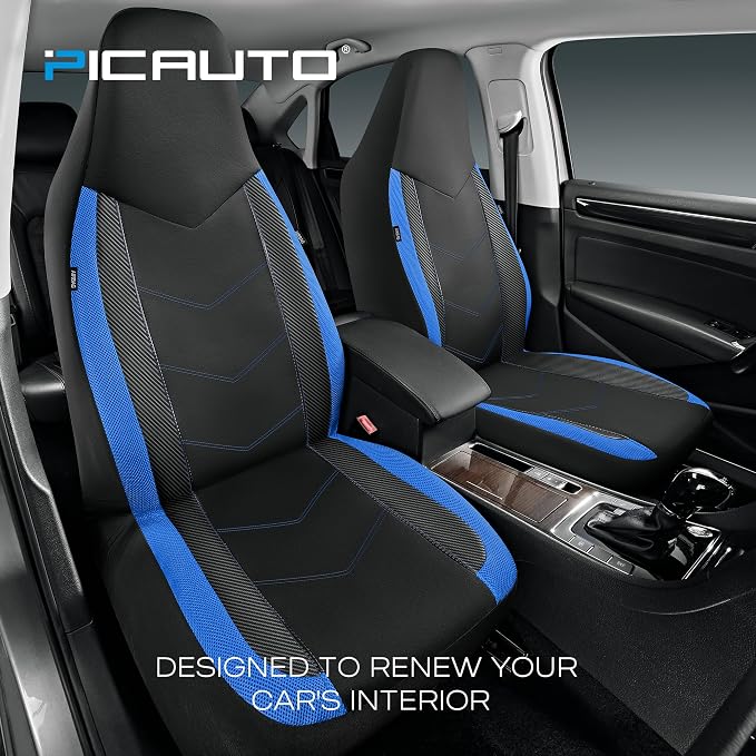 PIC AUTO Car Seat Covers - High Back Front Seat Covers, Sports Carbon Fiber Mesh Design, Universal Fit, Airbag Compatible (Blue)