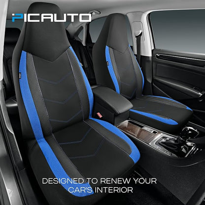 PIC AUTO Car Seat Covers - High Back Front Seat Covers, Sports Carbon Fiber Mesh Design, Universal Fit, Airbag Compatible (Blue)
