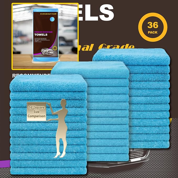 Blue Large Microfiber Cleaning Towels, 36-Pack Dual-Sided Ultra Soft Plush Washcloth, Professional Grade Premium Microfiber Car Cleaning Cloths, Car, Household and Commercial (Sky Blue, 16" X 16")