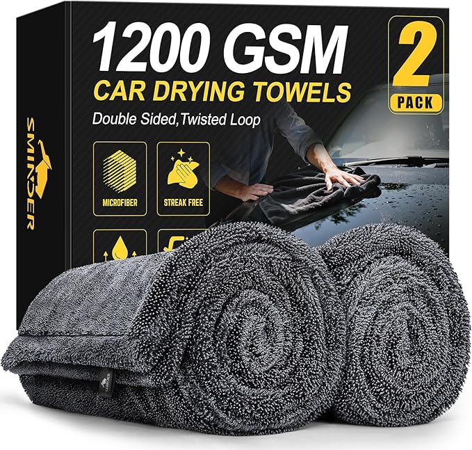 SMINDER 2-Pack 1200 GSM Car Drying Towels – Microfiber Towels for Cars (36" x 24"), Ultra-Absorbent, Streak-Free, Scratch-Free, No Water Spots, Double-Twist Pile & Edgeless Design