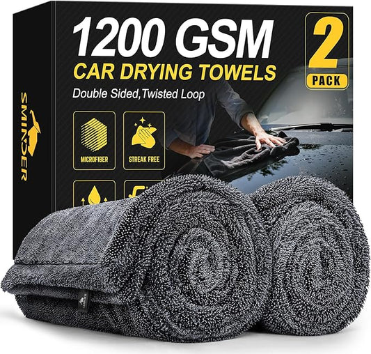 SMINDER 2-Pack 1200 GSM Car Drying Towels – Microfiber Towels for Cars (36" x 24"), Ultra-Absorbent, Streak-Free, Scratch-Free, No Water Spots, Double-Twist Pile & Edgeless Design