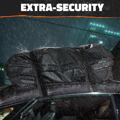 Mockins 25 CuFt Waterproof Rooftop Cargo Carrier Bag | 60"x43"x17" All-Weather 500D Soft-Shell Vinyl Car Top Carrier Without Roof Rack | Vehicle Soft-Shell Carriers with Roof Mat, Lock, Hooks & Straps