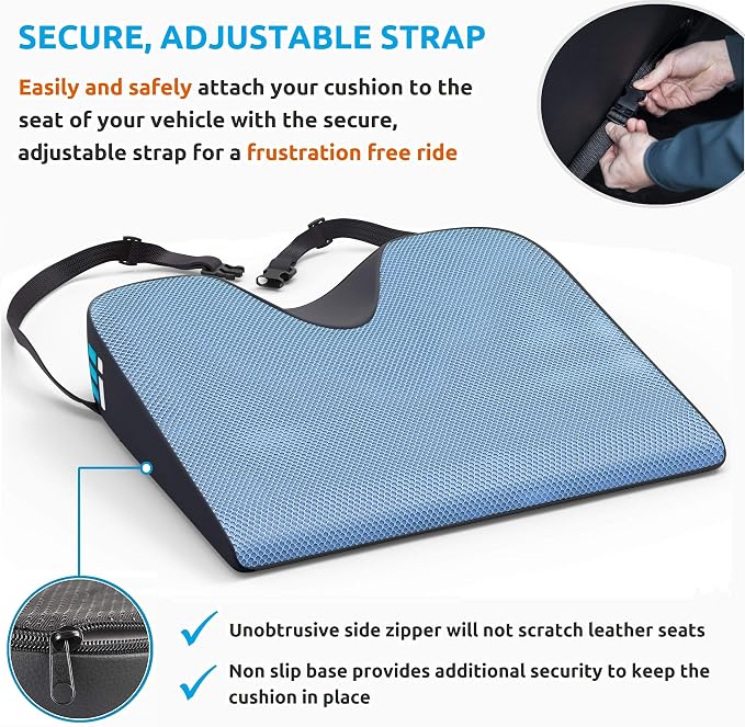 Premium Wedge Car Seat Cushion for Driving - Sciatica Seat Cushion for Car, Office, Home, Back Pain, Hip Support, Sciatica Pain Relief - Ergonomic Non-Slip Memory Foam Driving Pillow 17.5 x 15 x 3.5