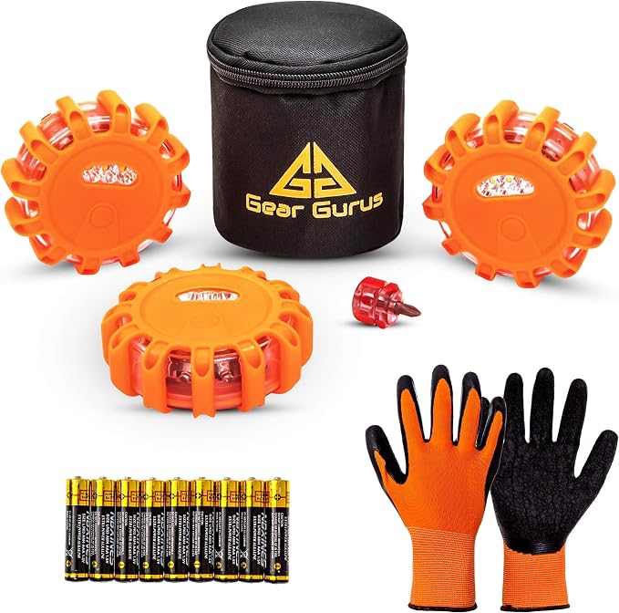 3 Pack LED Road Flares Kit - Flashing Warning Light Emergency Disc Beacon Roadside Flare Safety Light Magnetic Base for Car Truck Boat - Includes Batteries Screwdriver Gloves Storage Bag