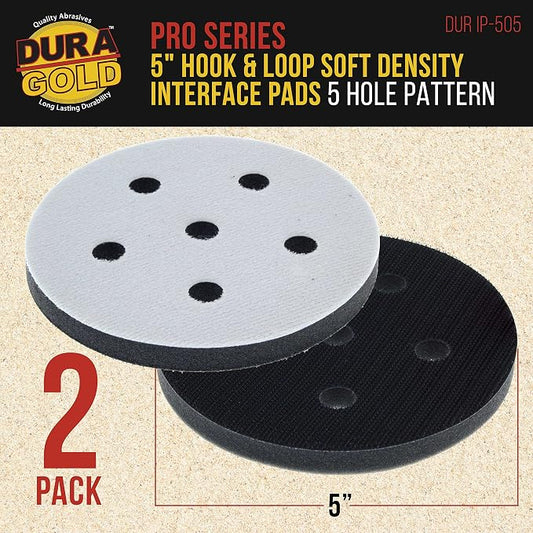Dura-Gold Pro Series 5" x 10mm Soft Density Sanding Interface Pad, 5 Hole Pattern Dustless, 2 Pack - Hook & Loop Foam Cushion, Used with Vacuum Sander Discs, Polisher Polishing Pads & Backing Pads