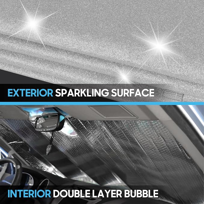BDK Silver Glitter Car Windshield Sun Shade - Car Sun Visor Sun Shade for Windshield - Window Shades for SUV & Truck - Dash Cover Sun Protection Window Shade Accessories - 57" x 27"