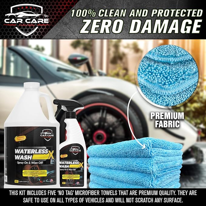Waterless Wash X Car Detailing, Gallon + 16oz+ Towels | 5 Microfiber Towels, Quick Detailer for Any Vehicle, Wash in Garage, at Work, or Anywhere, Spray On & Wipe Off, Without Water