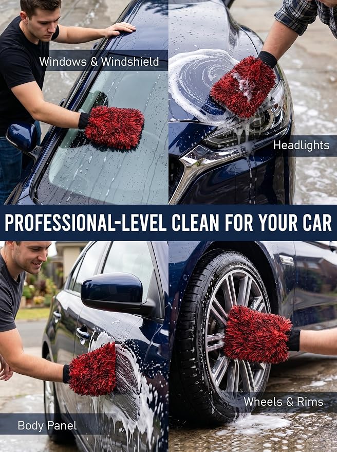TAKAVU Car Wash Mitt Scratch Free, 2 Pack Microfiber Wash Mitts for Auto Detailing, Soft Lint Free Cleaning Gloves, Holds Sudsy Water, Machine Washable (Red & Black)
