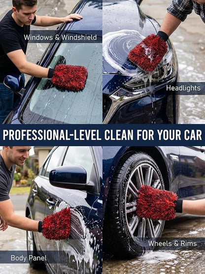 TAKAVU Car Wash Mitt Scratch Free, 2 Pack Microfiber Wash Mitts for Auto Detailing, Soft Lint Free Cleaning Gloves, Holds Sudsy Water, Machine Washable (Red & Black)