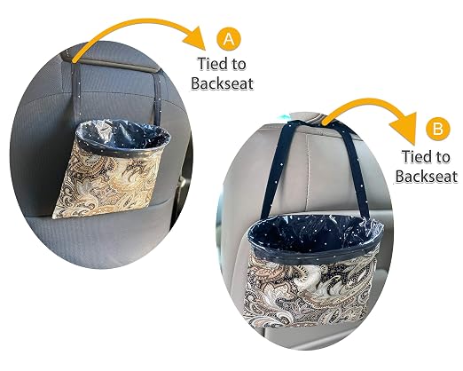 Car Trash Can Beige, Small, 0.7L, Plastic, Square, Open-Top, Reusable Waterproof Liner, 5 Disposable Bags, Hangs Front, Back Seat, Headrest, Console - Cute Beige Car Garbage Holder