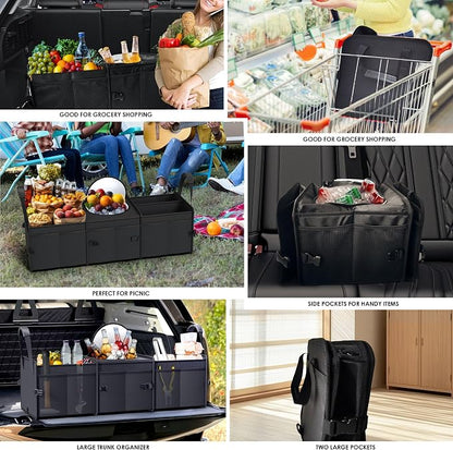 Trunk Organizer, 95L Capacity SUV Trunk Organizer with Cooler, 3 Compartments Heavy Duty Collapsible Car Storage Organizer for Truck, Van