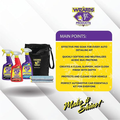 Wizards 5 Piece Car Detailing Kit - Beginner Friendly Professional Car Detailing Kit - Car Accessories for Men - Comes with a Microfiber Towel, Storage Bag and 22 oz Spray Bottles
