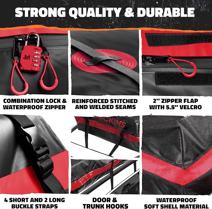 Mockins 45 Cu Ft XL Waterproof Rooftop Cargo Bag 75"x48"x22" | Car Roof Cargo Carrier Bag for Use with or without Roof Rack | Vehicle Soft-shell Carriers w/ Mat, Lock, Hooks, Straps & Case