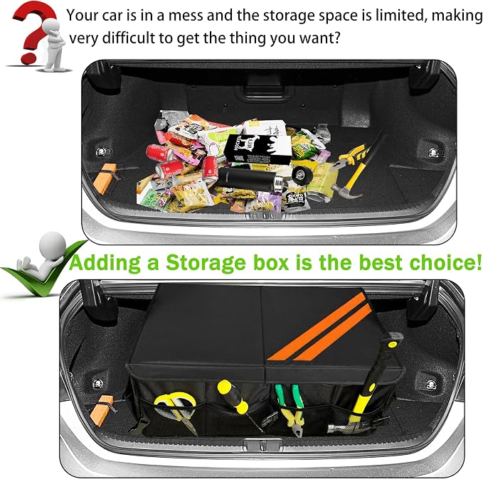 YOSRTER for Dodge Charger Durango Challenger Ram Car Trunk Organizer Collapsible Storage Box with Handle Foldable Lid Non Slip Bottom Sturdy Base Panel 2 Compartment Orange Trim