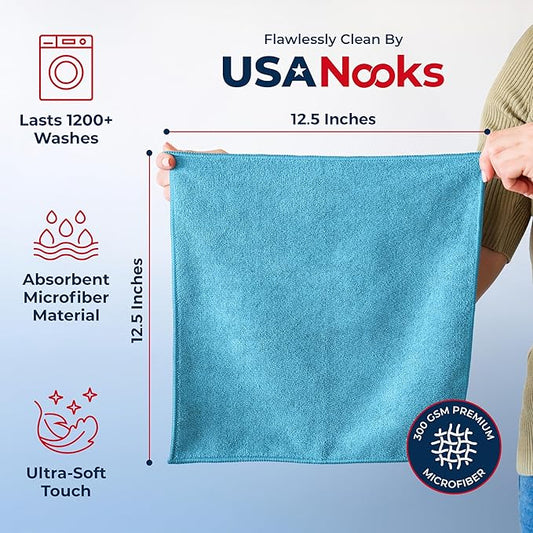 USANOOKS Microfiber Cleaning Cloth - Turq - 12Pcs (12.5x12.5 inch) High Performance - 1200 Washes, Ultra Absorbent Car Towel Traps Grime & Liquid for Streak-Free Mirror Shine - car Washing Cloth