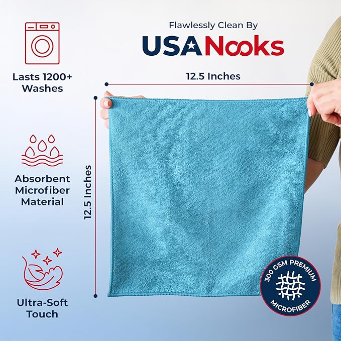 USANOOKS Microfiber Cleaning Cloth - Turq - 8Pcs (12.5x12.5 inch) High Performance - 1200 Washes, Ultra Absorbent Car Towel Traps Grime & Liquid for Streak-Free Mirror Shine - car Washing Cloth