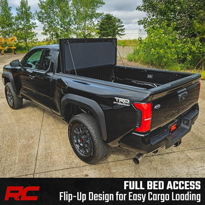 Rough Country Hard Tri-Fold Flip Up Tonneau Cover for Toyota Tacoma (2024-2026) - Flush Aluminum Bed Cover, Fits 6' Bed w/Utility Rail System