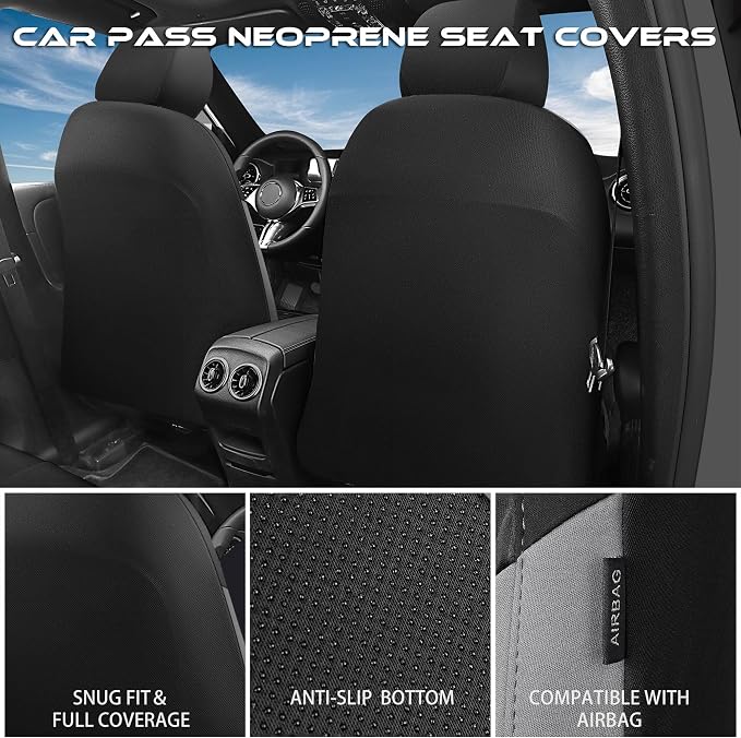 CAR PASS Waterproof Black Gray Car Seat Covers Front Seat Covers Neoprene Wetsuit,All-Weather Non-Slip Durable,Universal Fit for SUV Sedans Trucks Van Automotive,Airbag Compatible,3D Emboss Black Gray