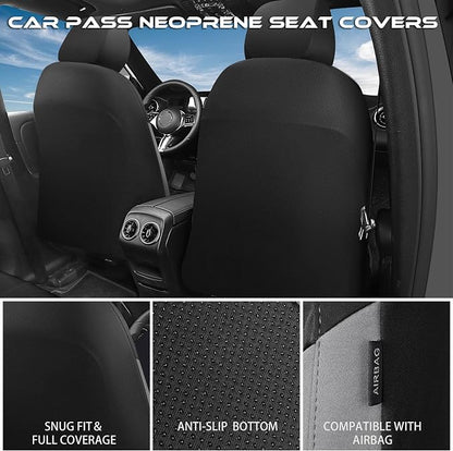 CAR PASS Waterproof Black Gray Car Seat Covers Front Seat Covers Neoprene Wetsuit,All-Weather Non-Slip Durable,Universal Fit for SUV Sedans Trucks Van Automotive,Airbag Compatible,3D Emboss Black Gray