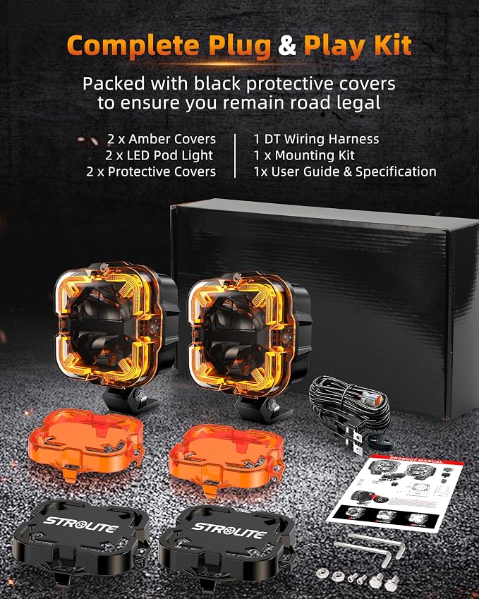 4 Inch LED Pods Off Road Lights, 90W 12000LM Amber Fog Lights with X DRL & Wiring Harness, IP67 Waterproof Spot Flood Combo for Trucks SUV ATV UTV - 2PCS