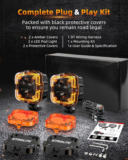 4 Inch LED Pods Off Road Lights, 90W 12000LM Amber Fog Lights with X DRL & Wiring Harness, IP67 Waterproof Spot Flood Combo for Trucks SUV ATV UTV - 2PCS