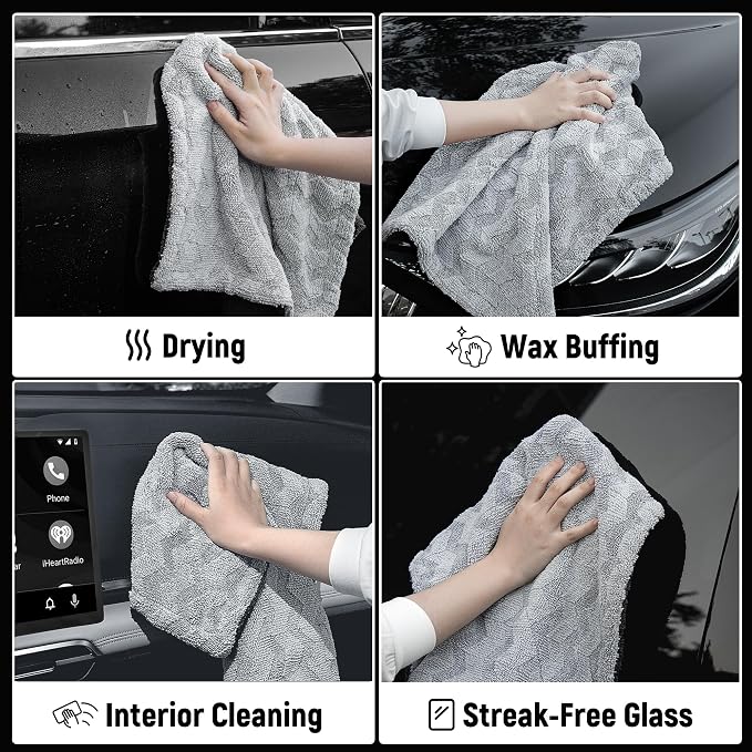 LIVOS 1000GSM Car Drying Towel, 18" x 24" Dual Sided Microfiber Towels for Cars, Ultra Absorbent Lint & Scratch-Free, Edgeless Twisted-Loop, Premium Wash Towel, Wave Silver&Grey