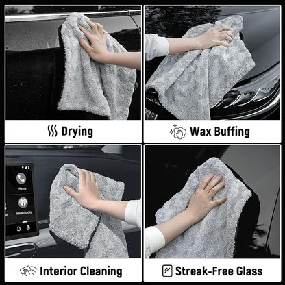 LIVOS 1000GSM Car Drying Towel, 18" x 24" Dual Sided Microfiber Towels for Cars, Ultra Absorbent Lint & Scratch-Free, Edgeless Twisted-Loop, Premium Wash Towel, Wave Silver&Grey