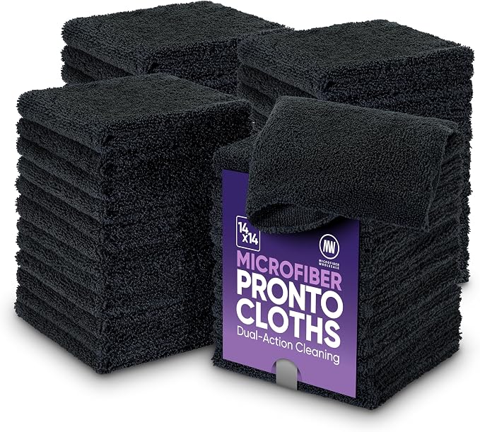 Microfiber Wholesale Pronto Cloths, Dual-Sided Microfiber Cleaning Towels, Soft Plush & Scrub Cloths for Dusting, Scrubbing, Kitchen, Windows & Car Detailing, Absorbent Bulk 50-Pack Black