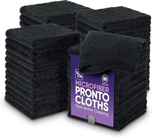 Microfiber Wholesale Pronto Cloths, Dual-Sided Microfiber Cleaning Towels, Soft Plush & Scrub Cloths for Dusting, Scrubbing, Kitchen, Windows & Car Detailing, Absorbent Bulk 50-Pack Black