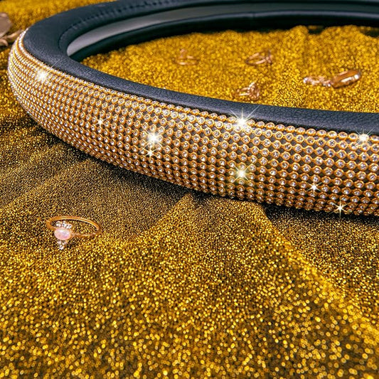 CAR Pass Rhinestones Diamond Bling Steering Wheel Cover, Universal Fit for SUV,Vans,Sedan,Car,Truck 14.5-15inch Universal Fit (Golden) Crystal Glitter for Women Sparkle Girly Sparkling Gold Shining