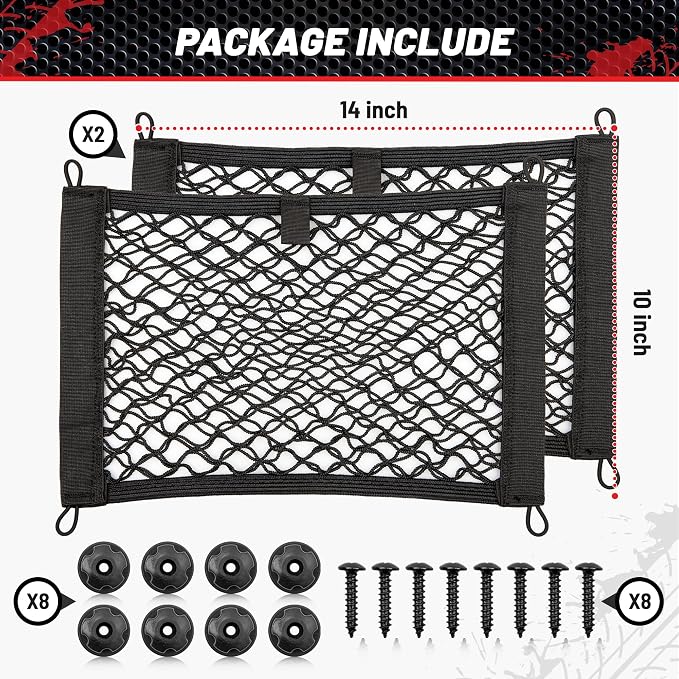 RED WOLF 2 Layer Small Mesh Cargo Net Elastic Storage Netting 2 Pcs Stretchable Car Organizer Net 14×10 Inch for Trunk RV Boats Home Auto Cargo Net Pocket with Screws and Hooks