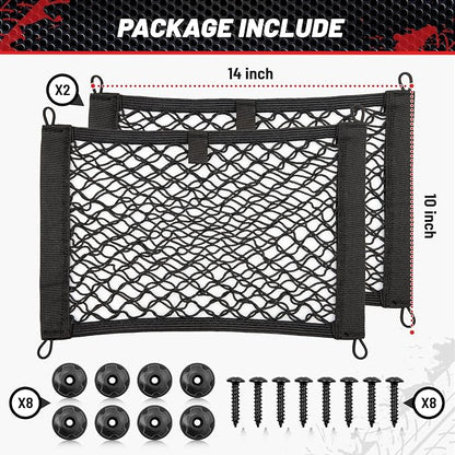 RED WOLF 2 Layer Small Mesh Cargo Net Elastic Storage Netting 2 Pcs Stretchable Car Organizer Net 14×10 Inch for Trunk RV Boats Home Auto Cargo Net Pocket with Screws and Hooks