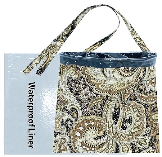 Car Trash Can Beige, Small, 0.7L, Plastic, Square, Open-Top, Reusable Waterproof Liner, 5 Disposable Bags, Hangs Front, Back Seat, Headrest, Console - Cute Beige Car Garbage Holder