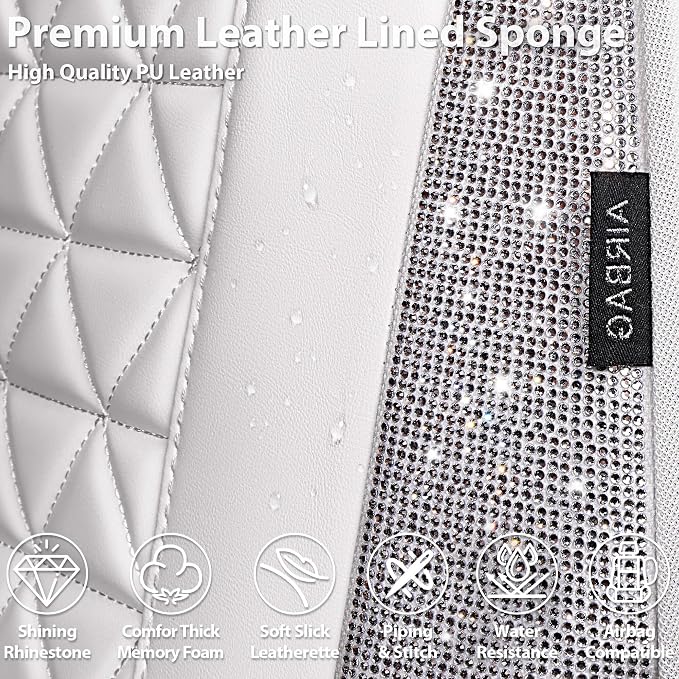 CAR PASS All White Bling Diamond Leather Car Seat Covers Full Sets,Waterproof Shining Glitter Sparkly Crystal Universal Fit for Automotive Truck SUV Cute Women Girl Airbag Compatable,Sliver Rhinestone