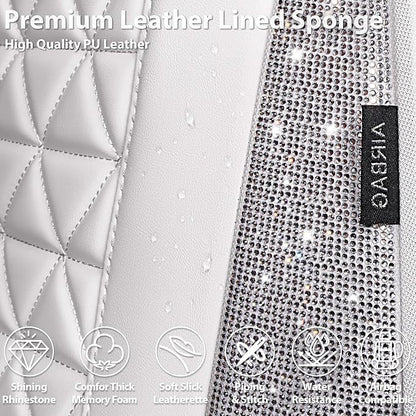 CAR PASS All White Bling Diamond Leather Car Seat Covers Full Sets,Waterproof Shining Glitter Sparkly Crystal Universal Fit for Automotive Truck SUV Cute Women Girl Airbag Compatable,Sliver Rhinestone
