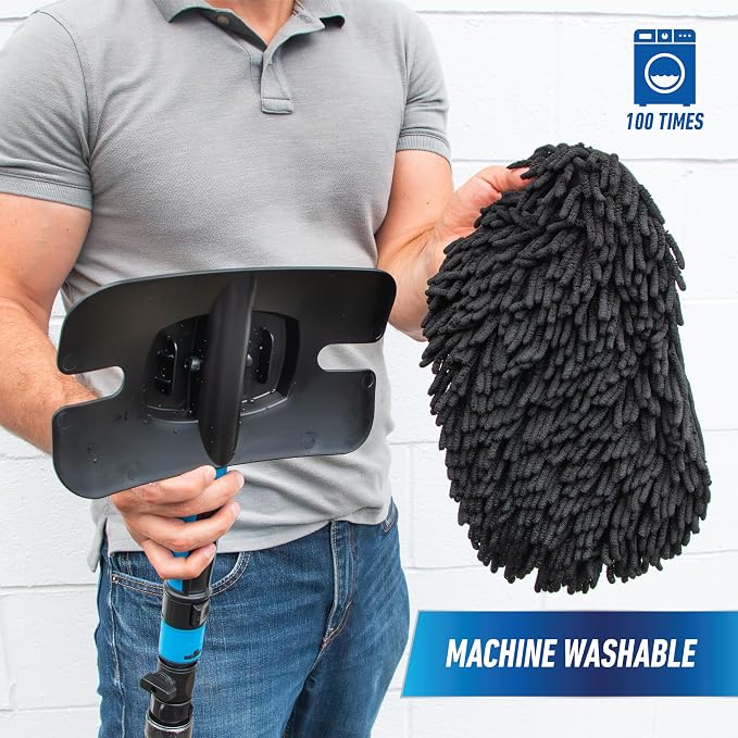 Unger 12.5” Hydropower Wash Mitt with Adjustable On/Off Water Control Valve for Car and Auto Cleaning, Absorbent Non-Scratch Microfiber Sleeve, Machine Washable, Compatible with Hose or Pole