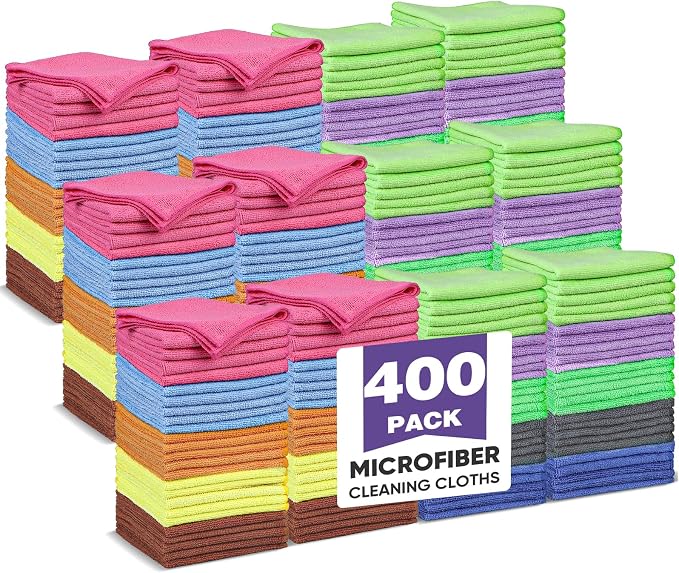 TEAWOO 10 Colors Microfiber Cleaning Cloths, 400 Pack Assorted Cleaning Rags, Highly Absorbent Microfiber Towels for Car, Kitchen, Bathroom and Household Cleaning, 11.8"X11.8"