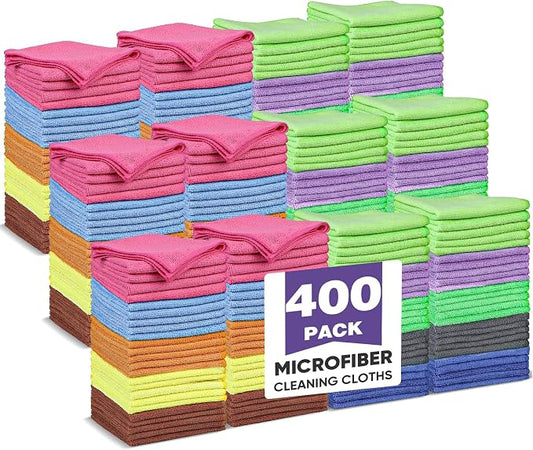 TEAWOO 10 Colors Microfiber Cleaning Cloths, 400 Pack Assorted Cleaning Rags, Highly Absorbent Microfiber Towels for Car, Kitchen, Bathroom and Household Cleaning, 11.8"X11.8"