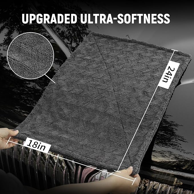 LIVOS 1000GSM Car Drying Towel, 18" x 24" Dual Sided Microfiber Towels for Cars, Ultra Absorbent Lint & Scratch-Free, Edgeless Twisted-Loop, Premium Wash Towel, Wave Grey