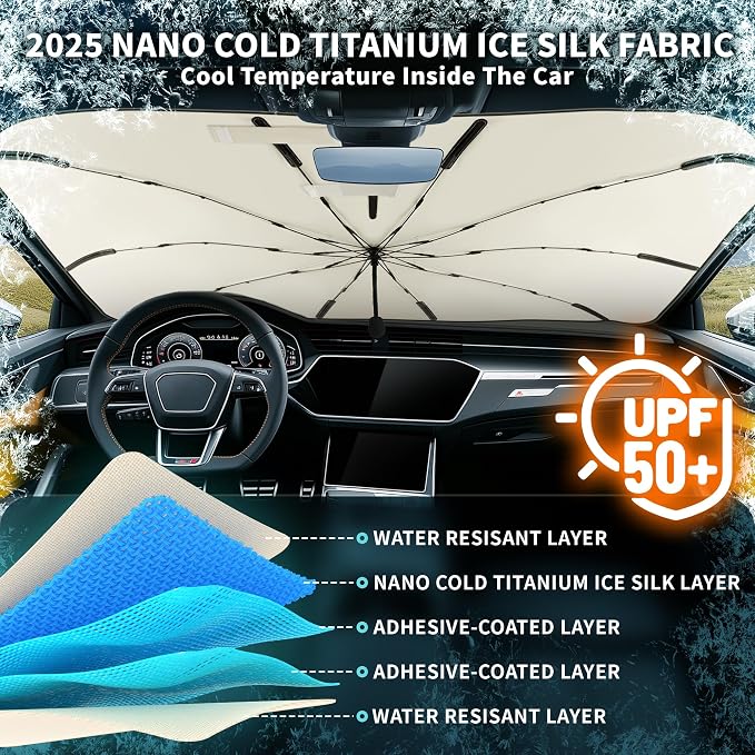 Car Windshield Sun Shade Umbrella, 57"*33", Foldable Sun Shade for Car Windshield Umbrella, UPF 50+ and Heat Protection, Nano Cold Titanium Ice Silk Fabric. Universal Portable