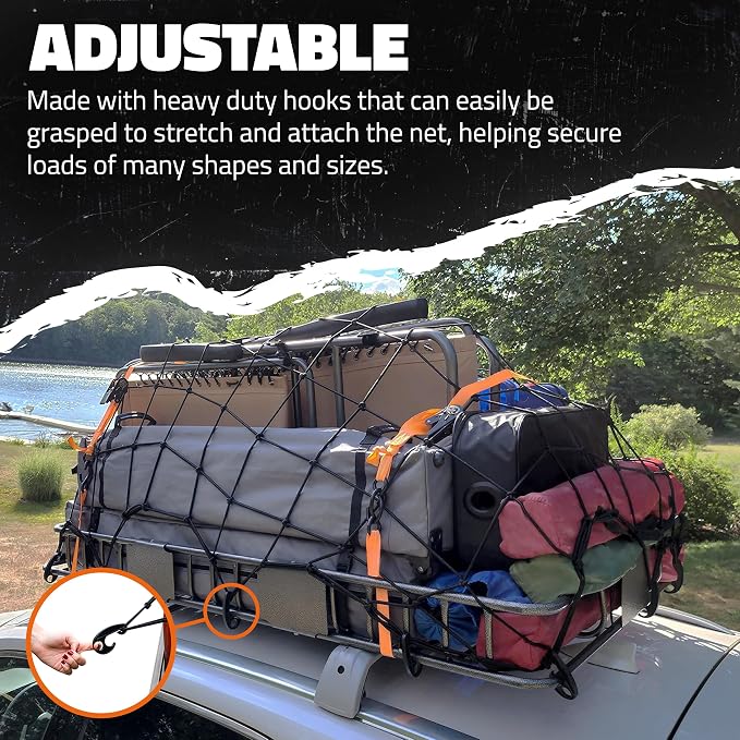 Mockins 50"x36" Large Cargo Net for Pickup Truck Bed, Roof Rack or Trailer | 6mm Thick Elastic Bungee Net with Hooks Stretching Up to 100"x75" | 4"x4" Square Safety Cargo Netting for Any Load Size