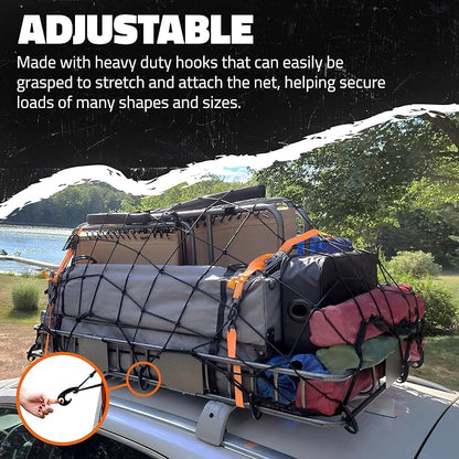 Mockins 50"x36" Large Cargo Net for Pickup Truck Bed, Roof Rack or Trailer | 6mm Thick Elastic Bungee Net with Hooks Stretching Up to 100"x75" | 4"x4" Square Safety Cargo Netting for Any Load Size