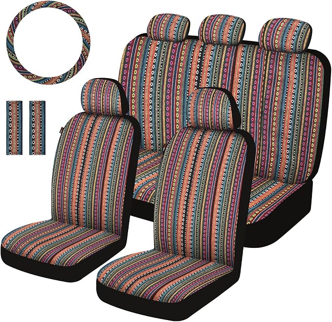 Baja Saddle Blanket Car Seat Covers Full Set with Seat Belt Pads and Steering Wheel Cover, Washable Breathable Striped Woven Cloth Seat Covers for Cars, SUV, Truck, Large Size(Orange)