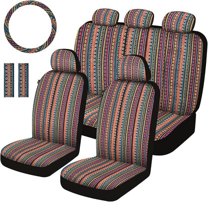Baja Saddle Blanket Car Seat Covers Full Set with Seat Belt Pads and Steering Wheel Cover, Washable Breathable Striped Woven Cloth Seat Covers for Cars, SUV, Truck, Large Size(Orange)
