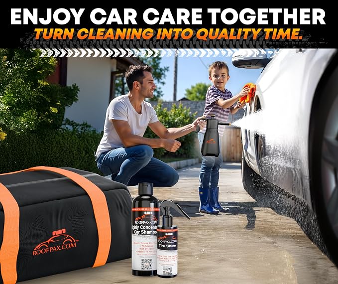 RoofPax Eco-Friendly Waterless Car Wash Spray Kit with Pressure Foam Microfiber Cloths Gel Cleaner Magic Sponge Tire Brush & Tire Spray Rinseless Car Wash for Exterior & Interior Cleaning
